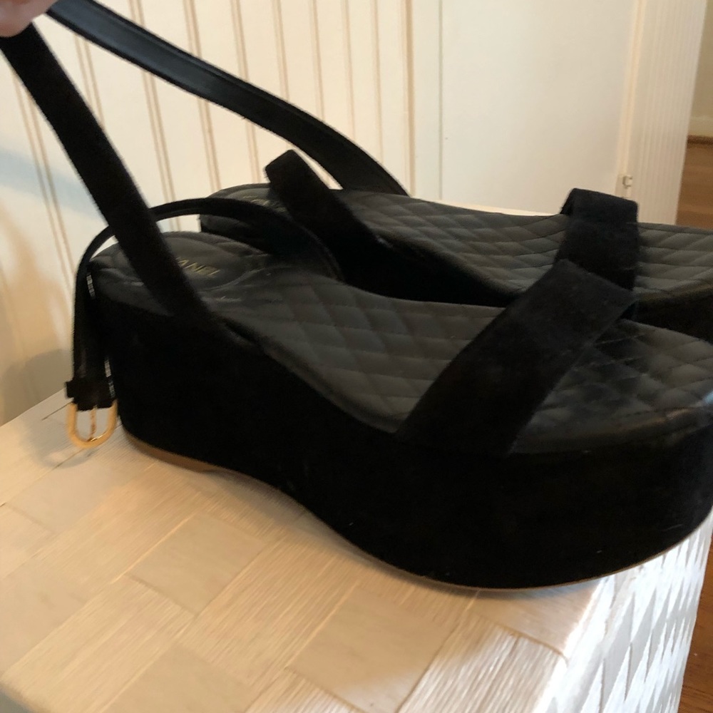 Chanel Black Suede Platform Wedges - Picture 6 of 9